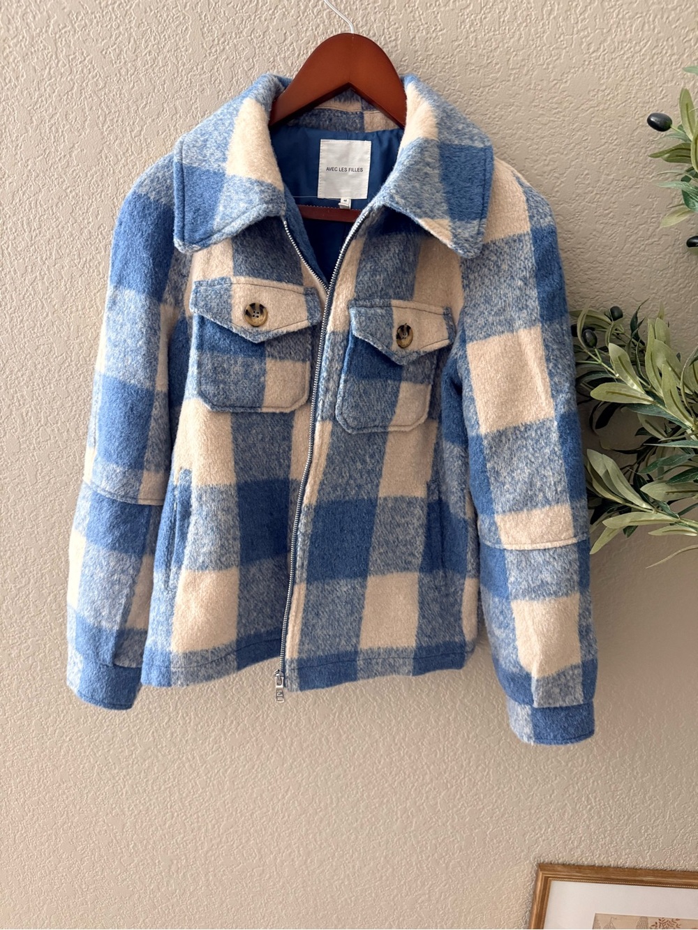 Avec Les Filles Blue Cream Buffalo Plaid Wool Blend Jacket Size M